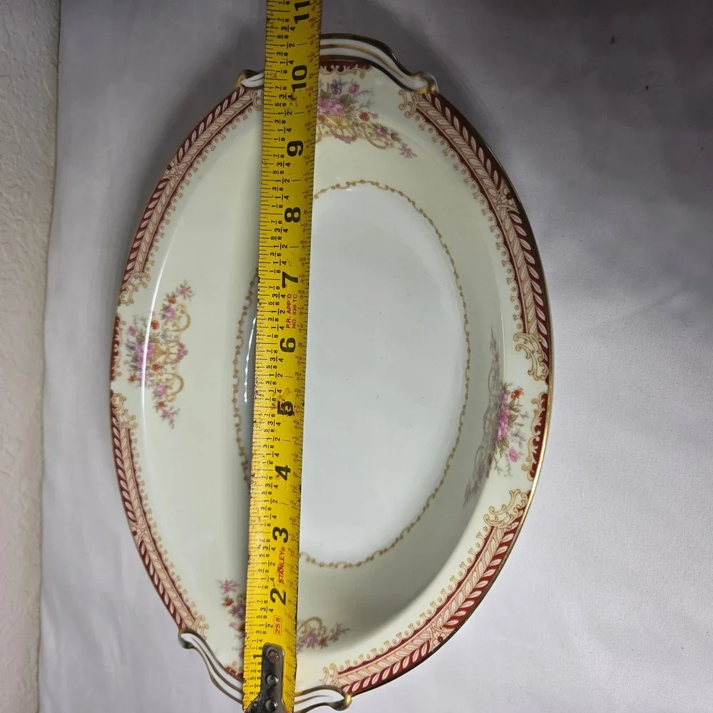 Noritake Japan Oval Serving Bowl Cream Floral Gold Trim Burgundy Rim Vintage